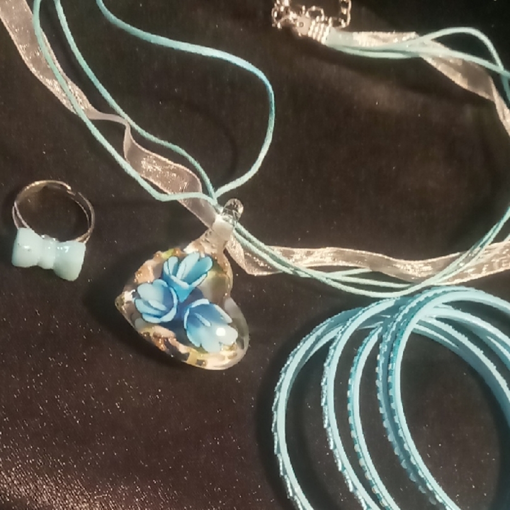 Girls Blue art glass Floral Pendant Necklace and Ring & bangle bracelets